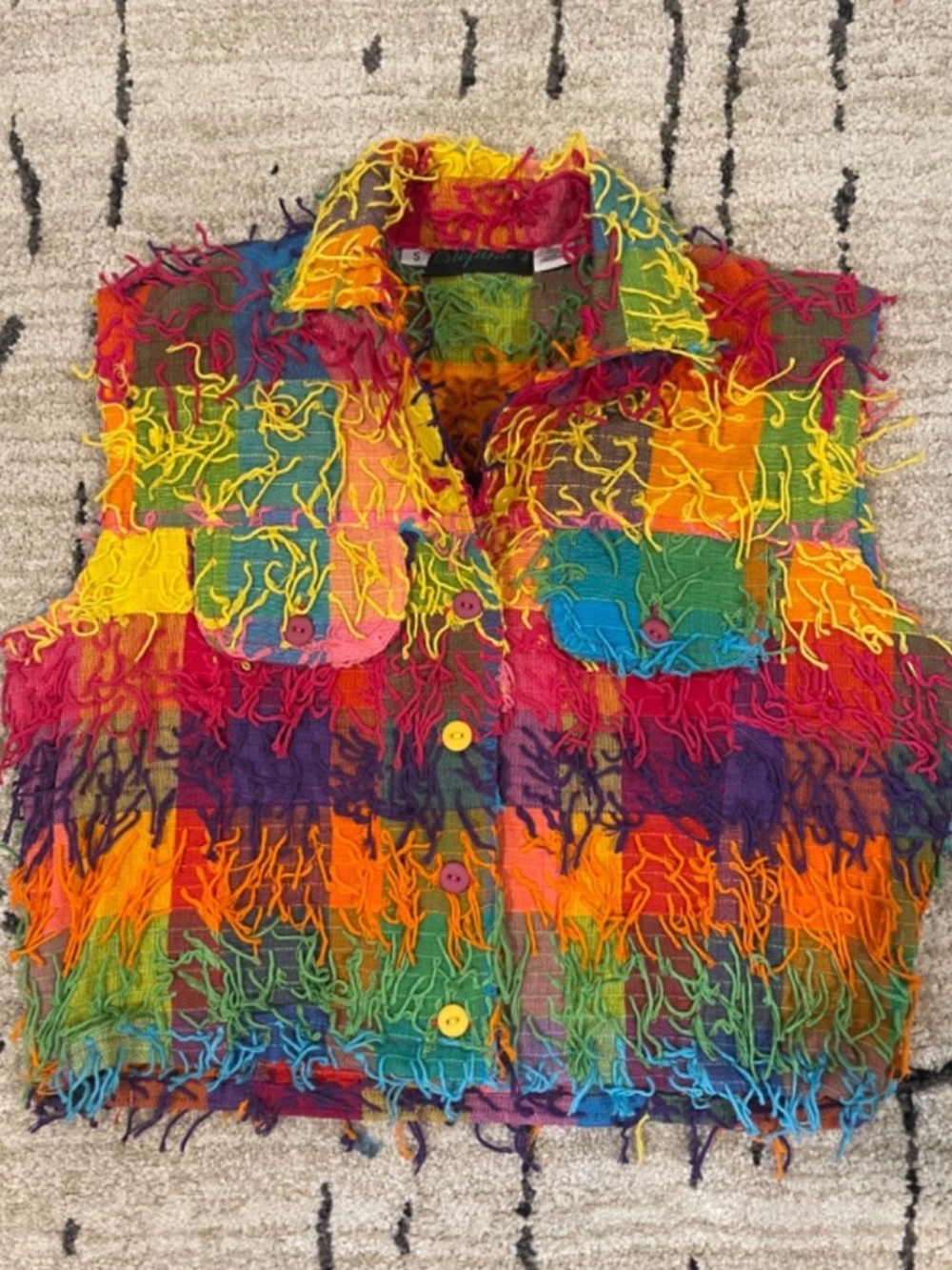 VTG 90s Womens Small Rainbow Shag Fringe Cropped Vest Jacket Rave Streetwear Y2K